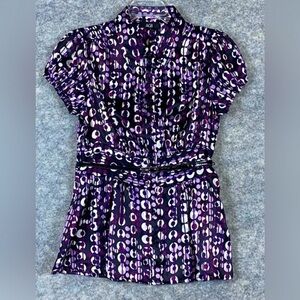 AGB Vintage Y2K Purple Circle Print Blouse‎ Belted Waist Ragland Sleeve Size S